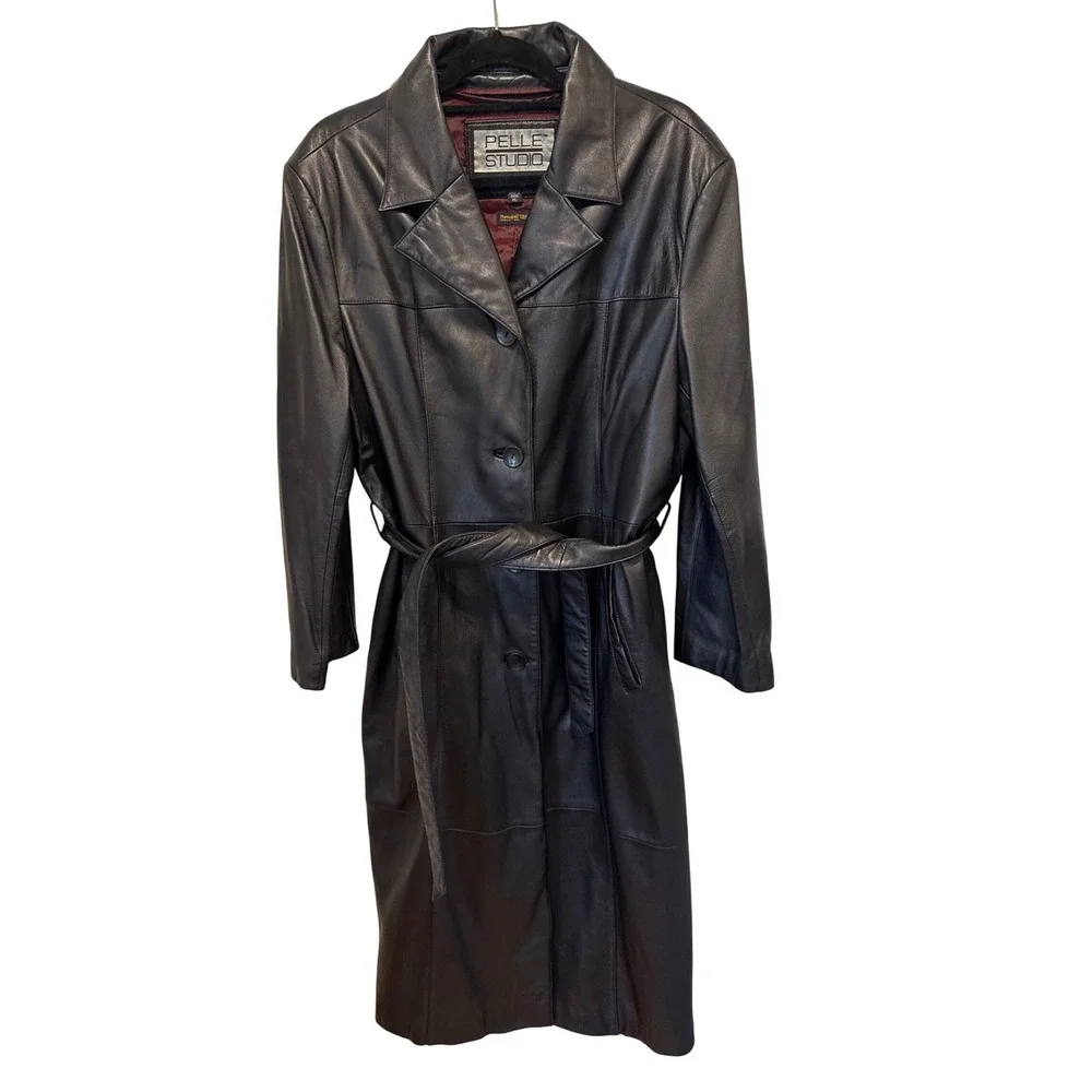 Pelle Studio Womens Black Leather Trench‎ Coat Belted Thinsulate Insulation XL